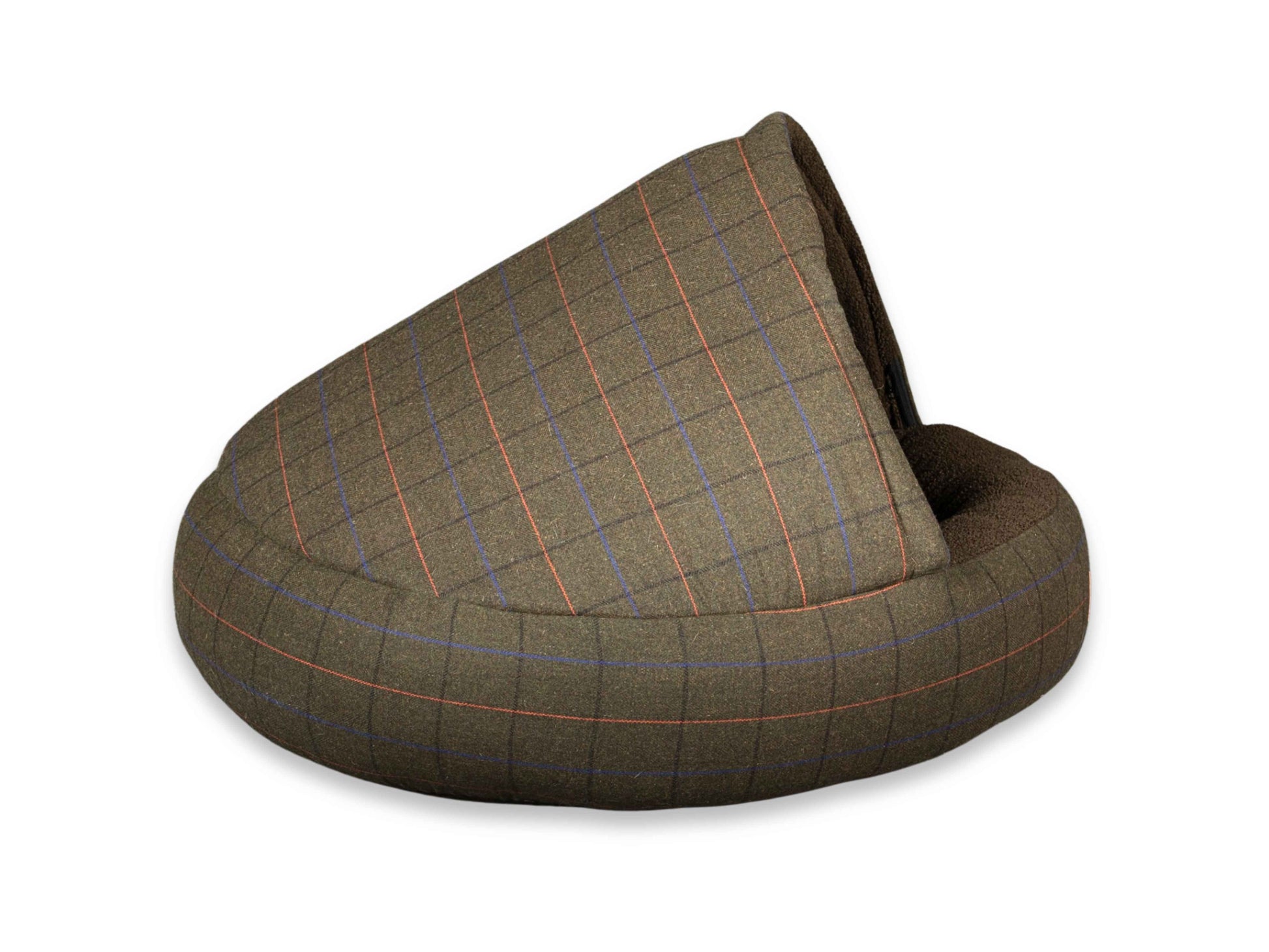 Side view of Collared Creatures cocoon dog bed in green tweed