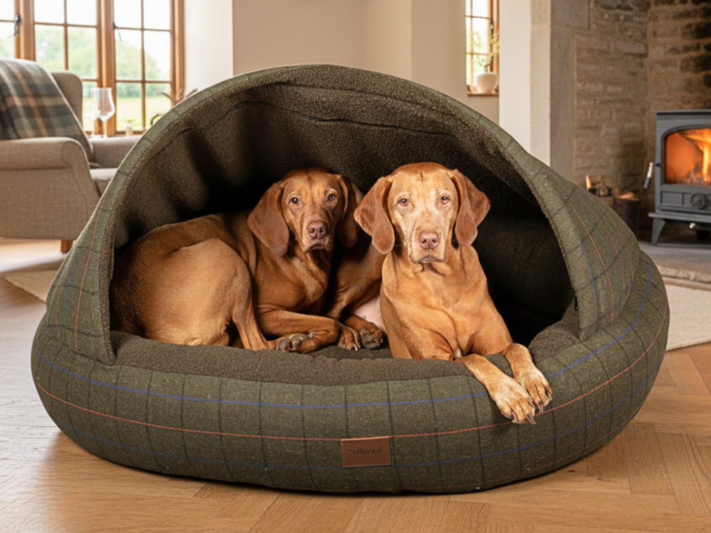Two dogs relaxing together inside a Green Tweed Cocoon Dog Bed in a cosy living room with a fireplace.