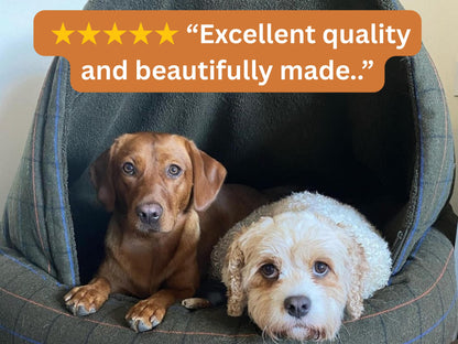 Two dogs relaxing inside a green tweed deluxe cocoon dog bed with 5-star review text overlay: "Excellent quality and beautifully made."