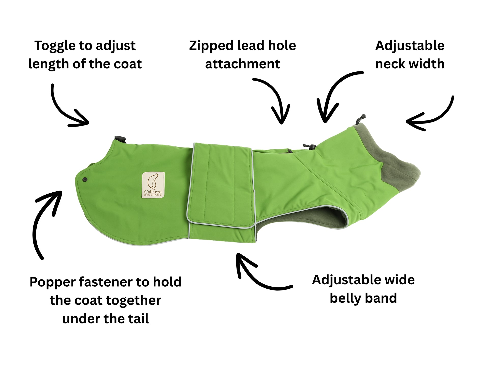 Green dog rain coat with features labelled on a white background