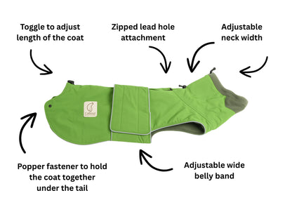 Green dog rain coat with features labelled on a white background