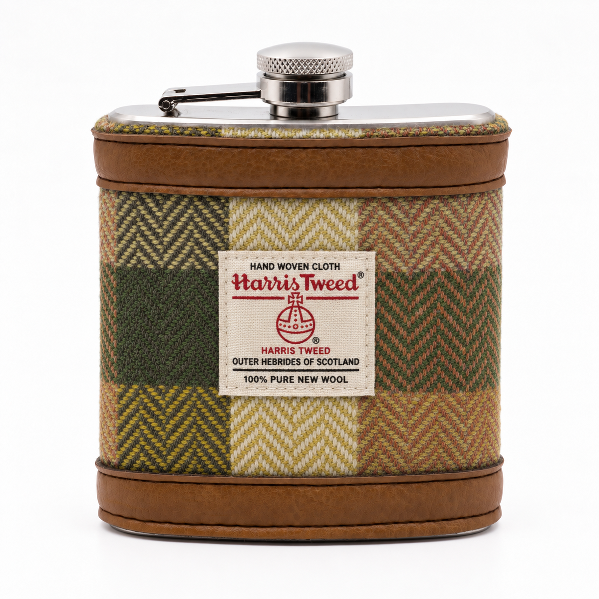 A Harris Tweed cloth flask with a brown leather-like border, a silver metal cap, and a central white label reading 'Harris Tweed'. The body features a herringbone plaid pattern in beige, brown, and olive green.