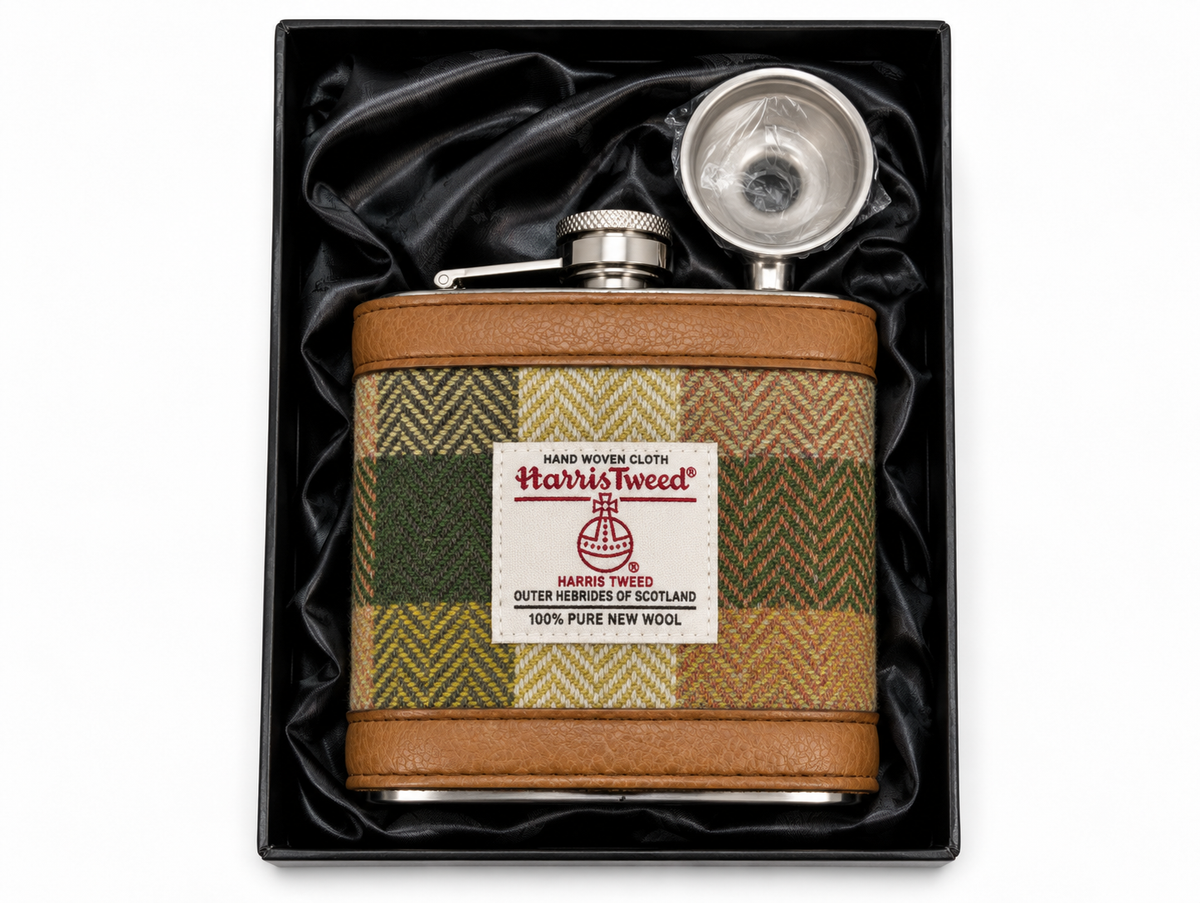 green block herringbone harris tweed hip flask