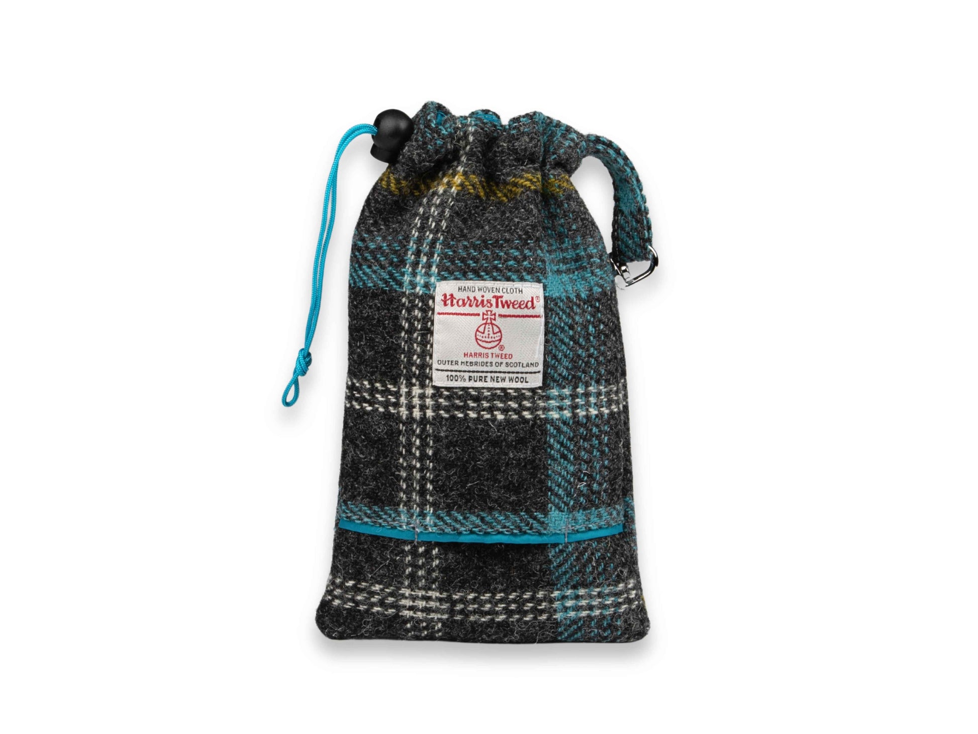 Grey and blue check Harris Tweed dog treat bag with built-in poop bag dispenser