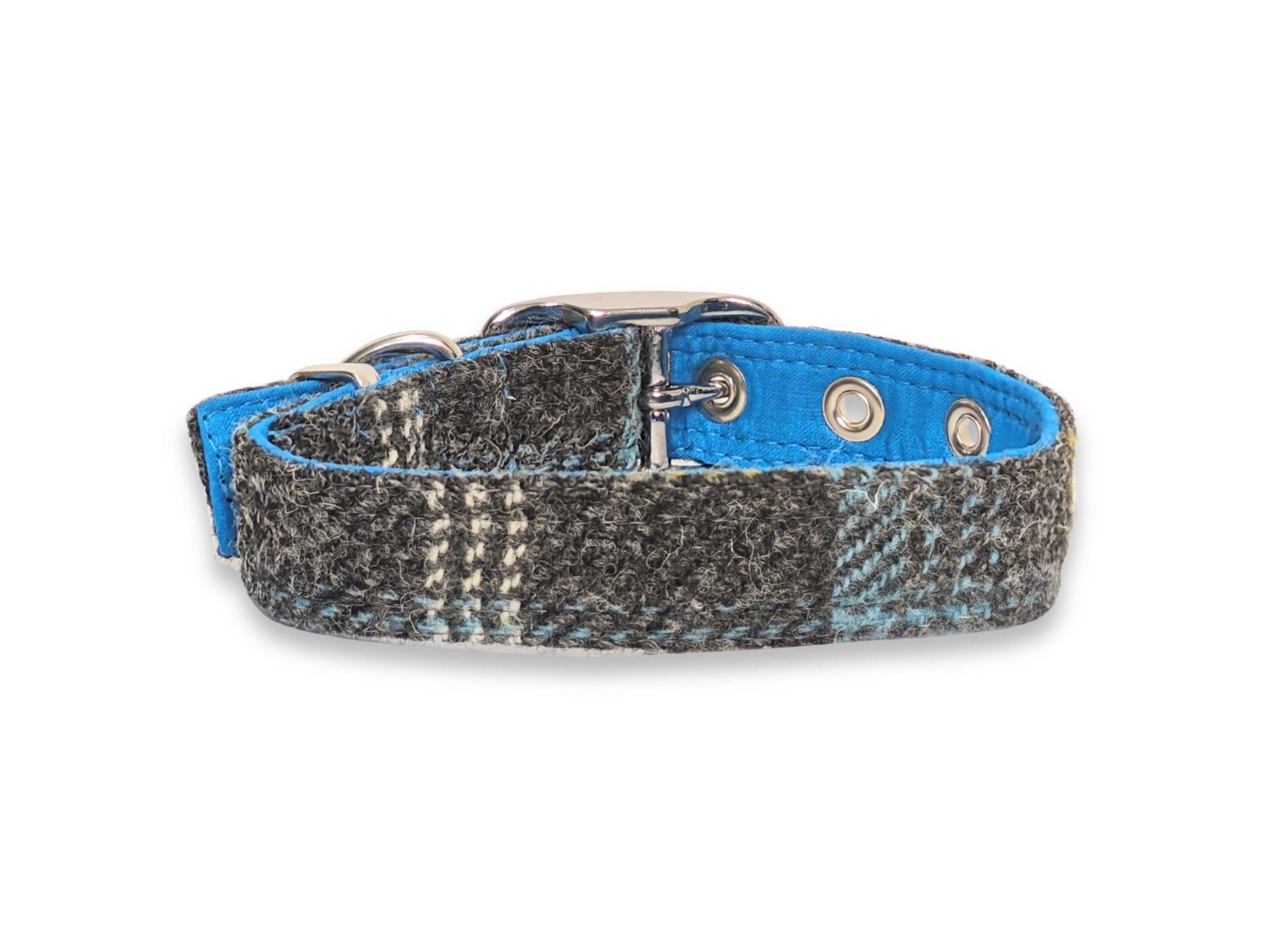 blue and grey check harris tweed dog collar back view white background