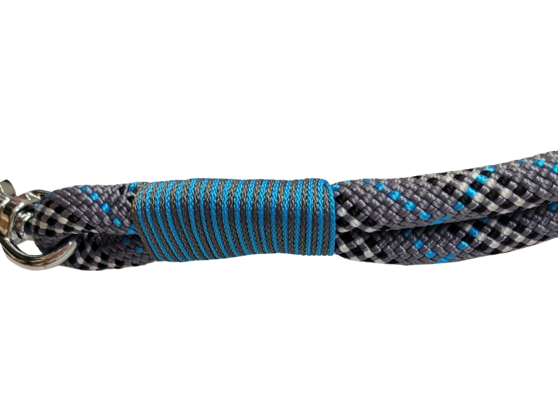Grey and blue tartan rope dog collar with closeup of whipping