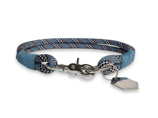 Grey and blue tartan rope dog collar with custom whipping and strong hardware