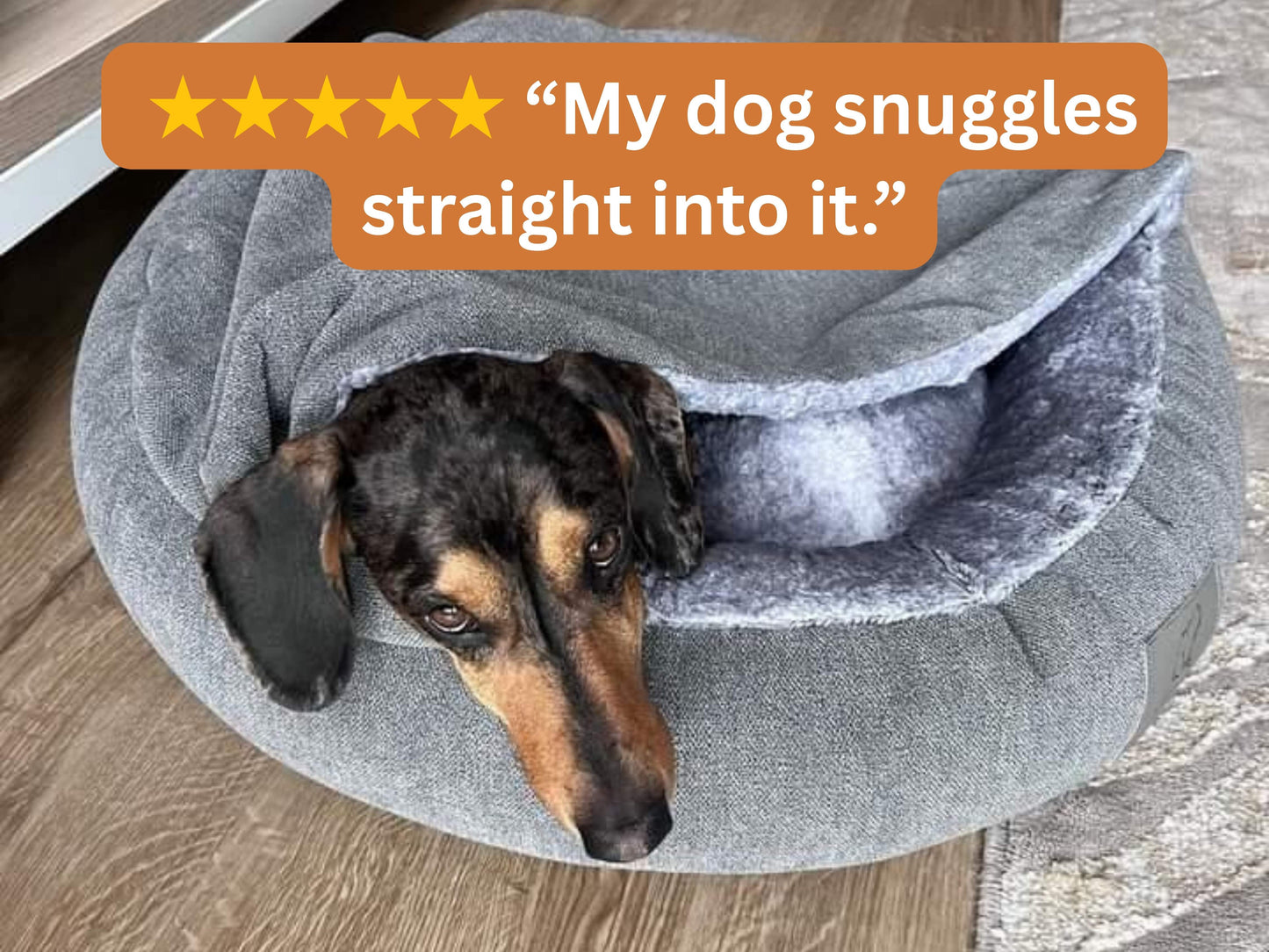 Dog snuggling in a gray pet bed with a five-star rating text overlay.