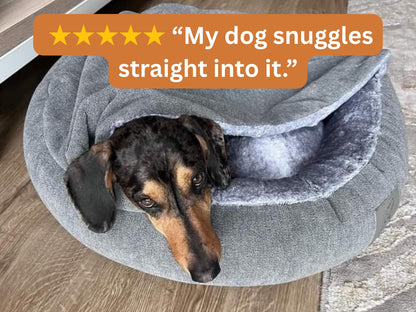 Dog snuggling in a gray pet bed with a five-star rating text overlay.