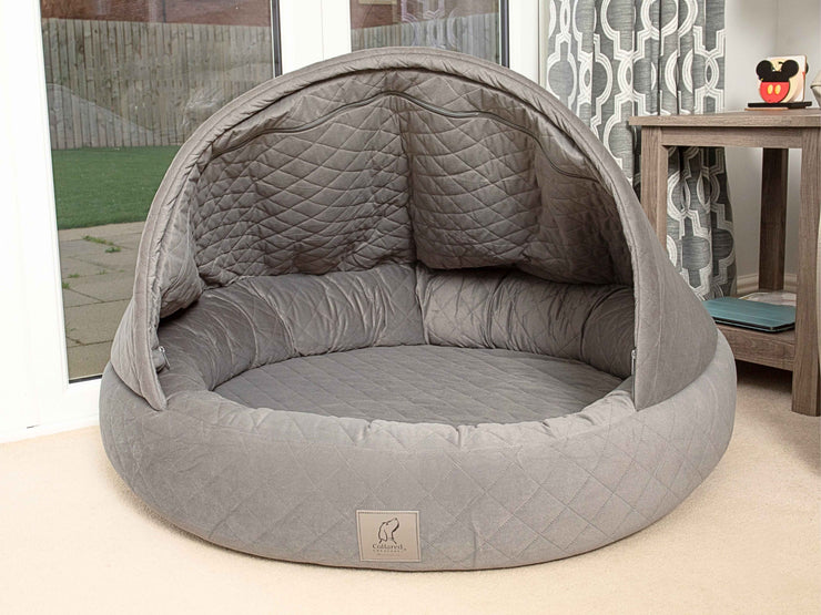 Grey cocoon dog bed with structured hood placed by window