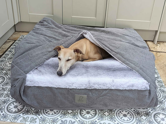 Dog resting inside a grey snuggle bed with soft fleece lining and fold-over cover, providing warmth and comfort