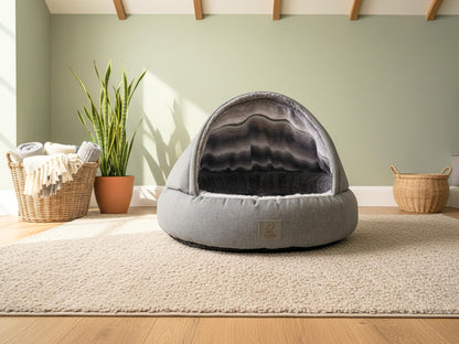 Grey Deluxe Comfort Cocoon Dog Bed Grey Faux Fur Interior