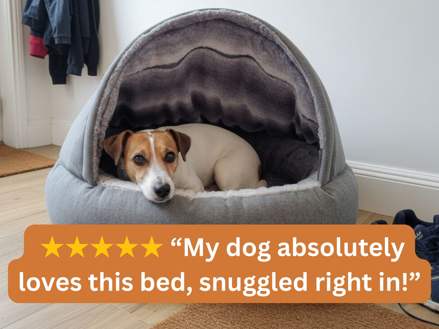 Grey deluxe comfort cocoon dog bed with soft faux fur interior for cosy sleeping with 5 star review overlay