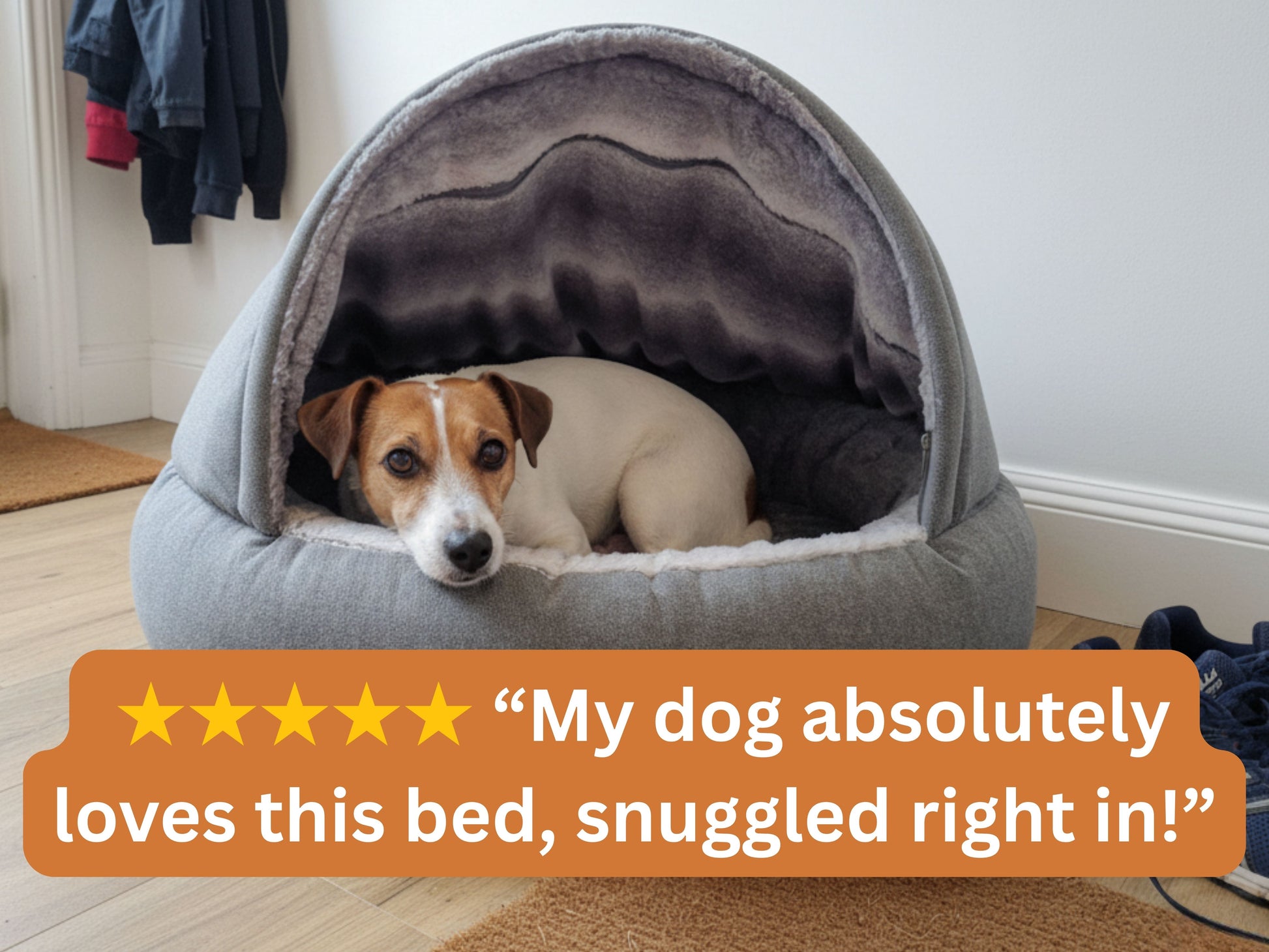 Grey deluxe comfort cocoon dog bed with soft faux fur interior for cosy sleeping with 5 star review overlay