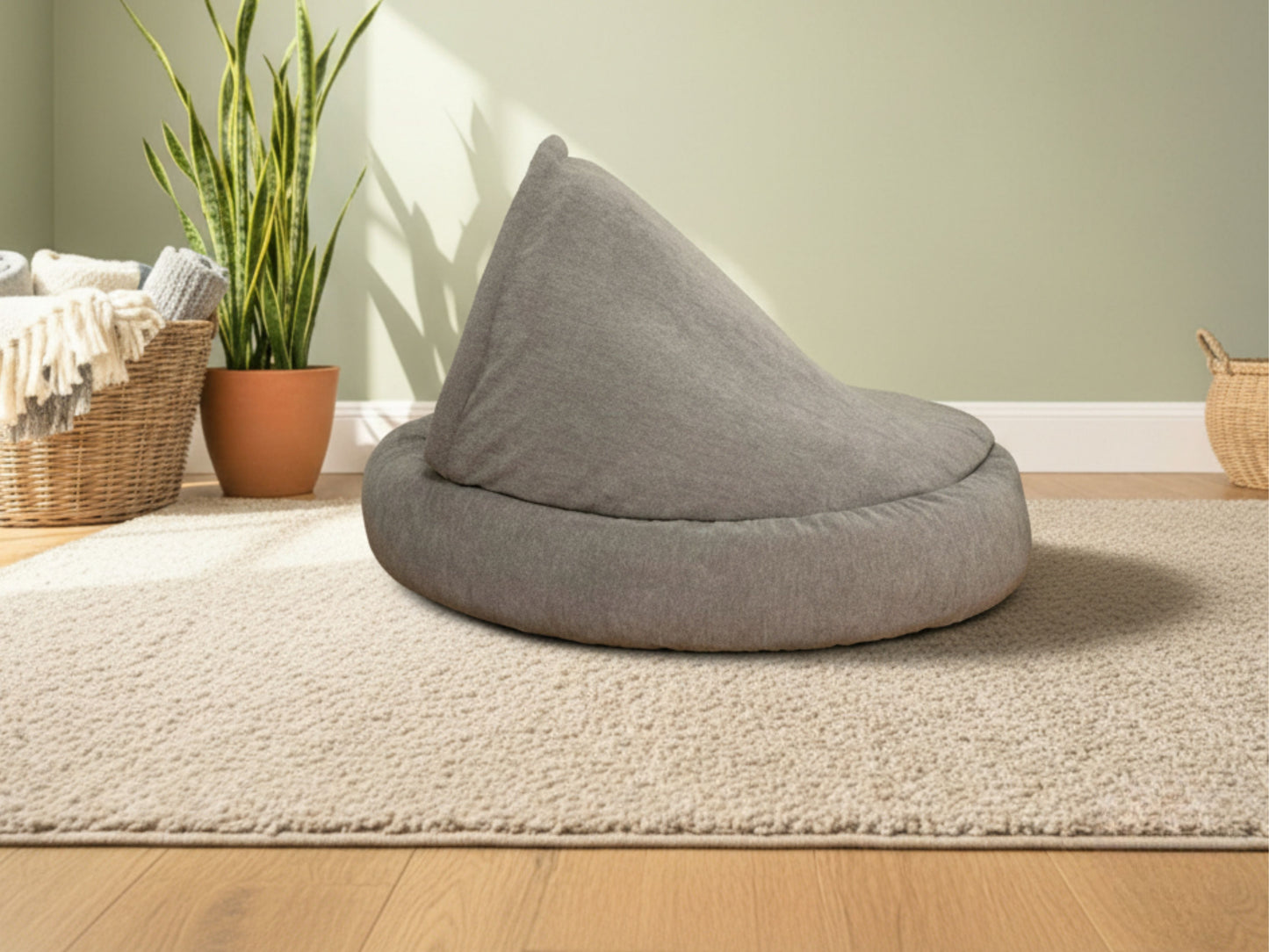 collared creatures deluxe comfort cocoon dog bed side profile in living room setting