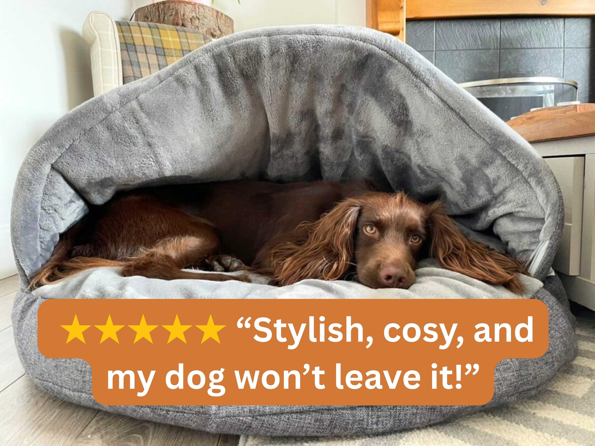 Grey dog cave bed with removable hood displayed with a 5-star review overlay.