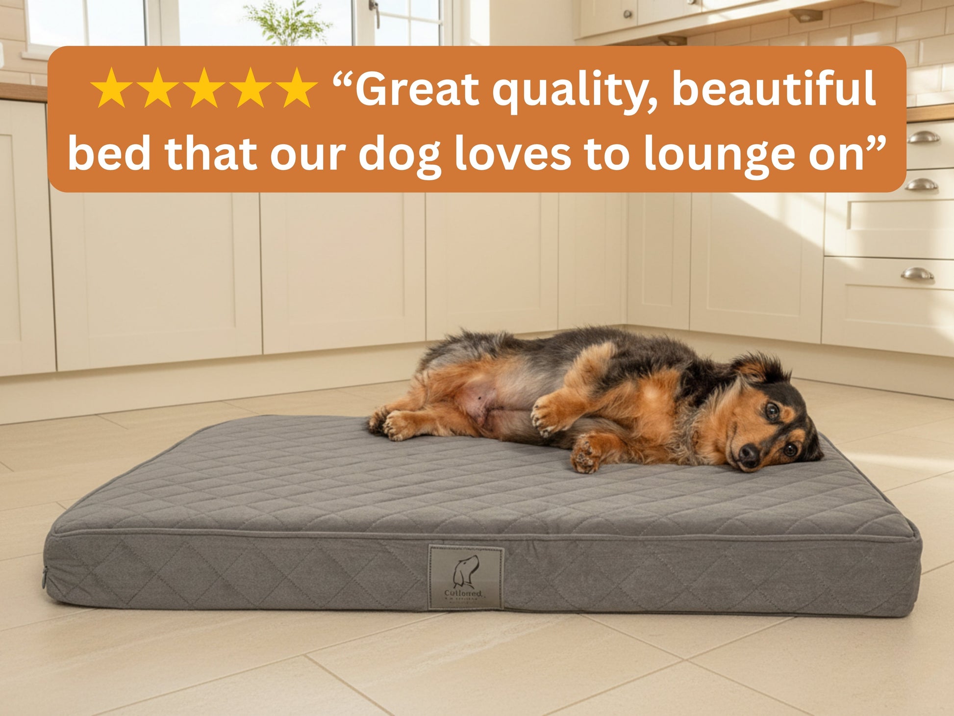 Dachshund lying on a grey quilted dog mattress bed in a kitchen with a five-star customer review overlay