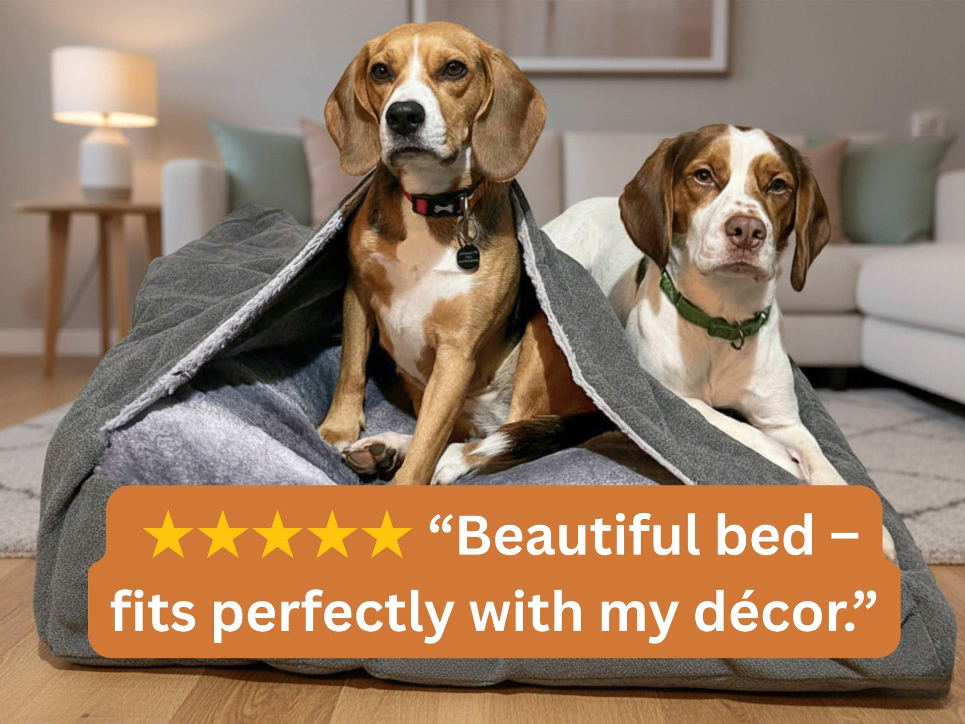 Luxury grey snuggle sack for pets with customer review text overlay.