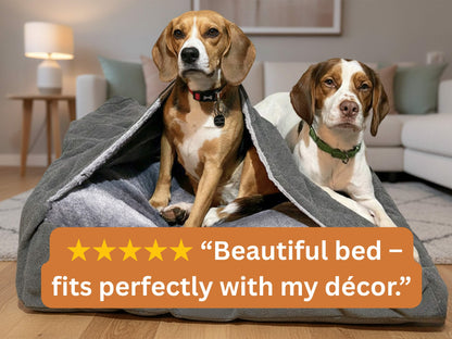 Luxury grey snuggle sack for pets with customer review text overlay.