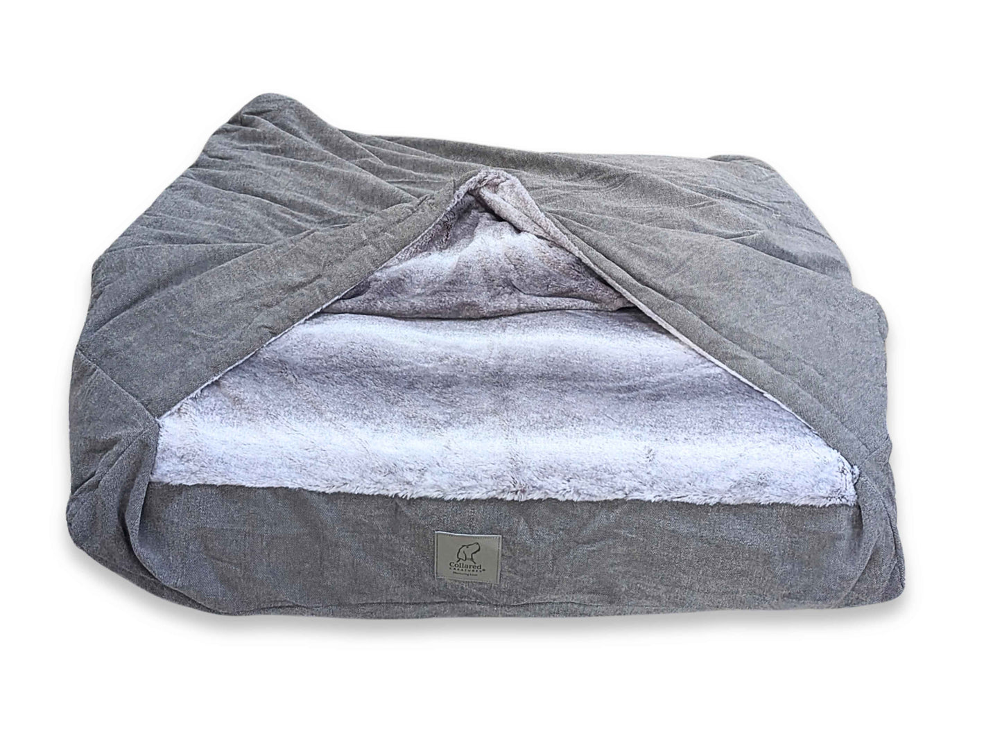 Side view of grey snuggle dog bed on white background - Collared Creatures