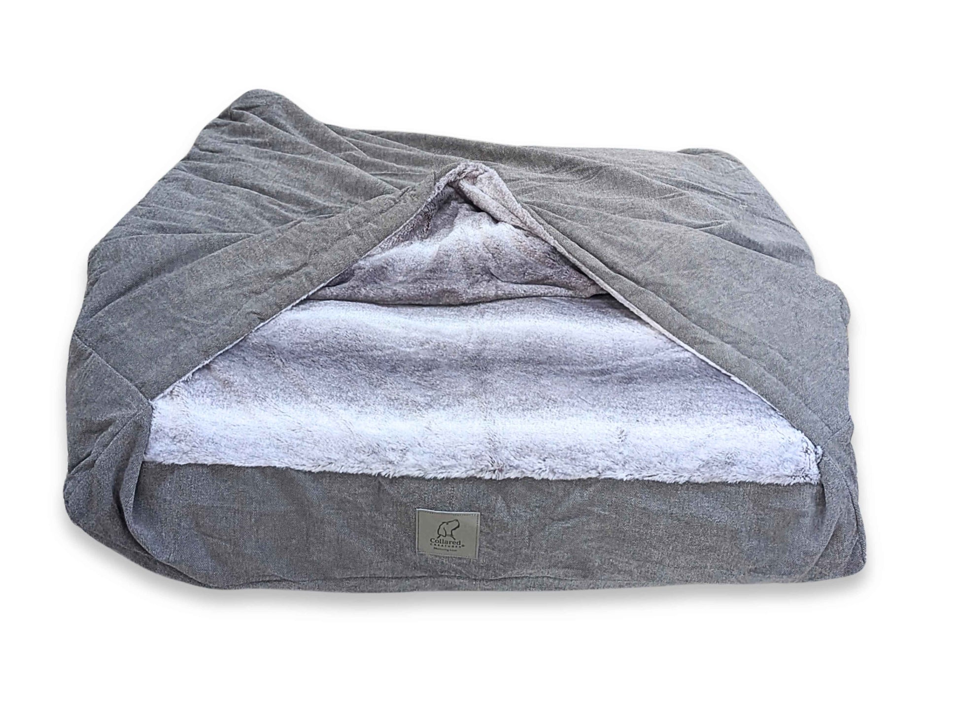 Side view of grey snuggle dog bed on white background - Collared Creatures