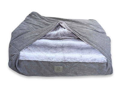 Side view of grey snuggle dog bed on white background - Collared Creatures