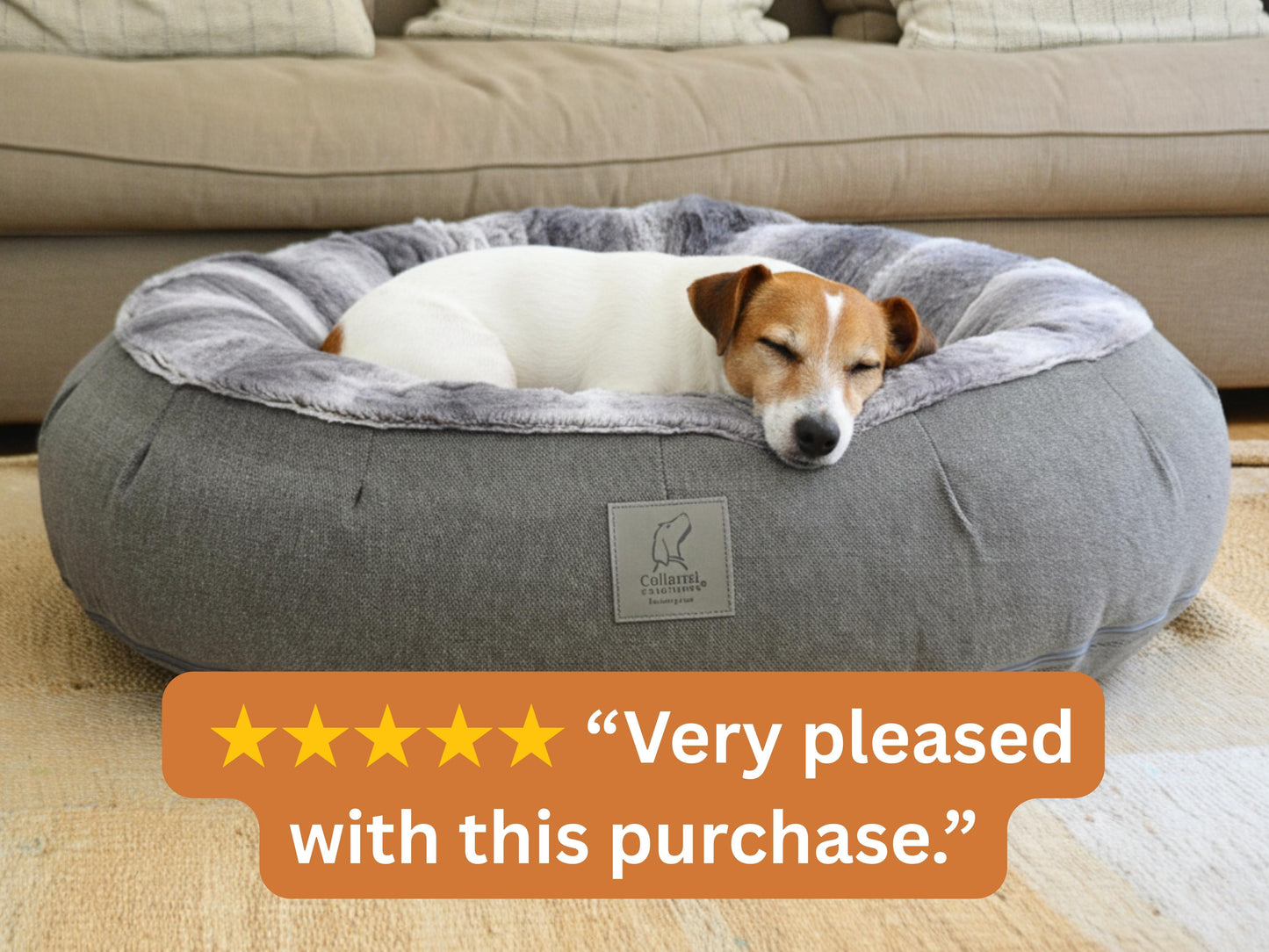 Grey Donut Dog Bed with small dog sleeping and customer review overlay: Very pleased with this purchase.