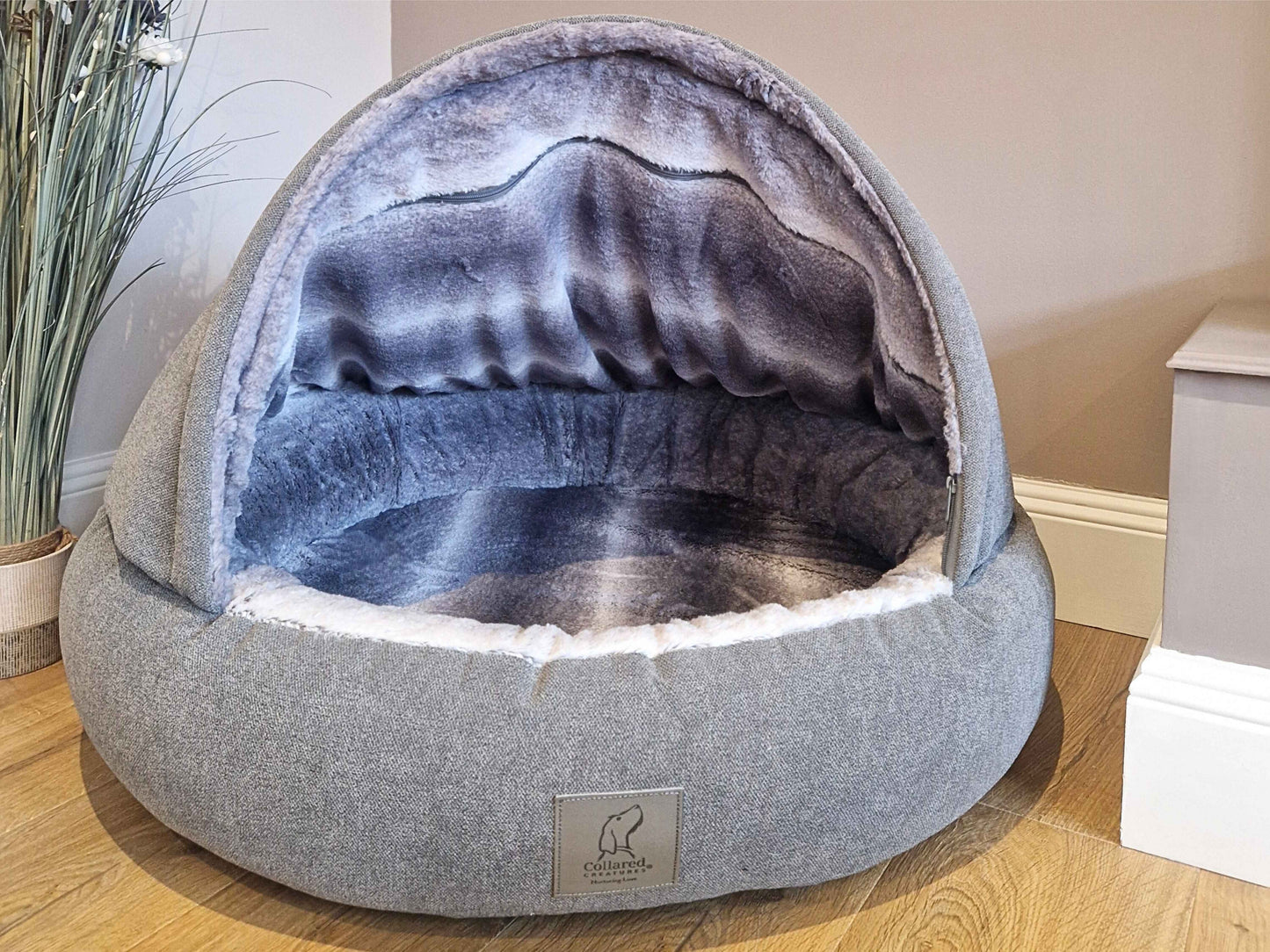 Grey Deluxe Comfort Cocoon Dog Bed with New Grey Faux Fur Interior
