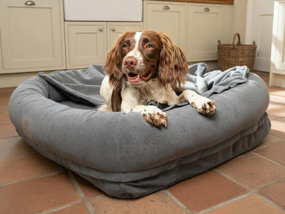 Dog lying on a large grey bolster dog bed with removable hood in a kitchen