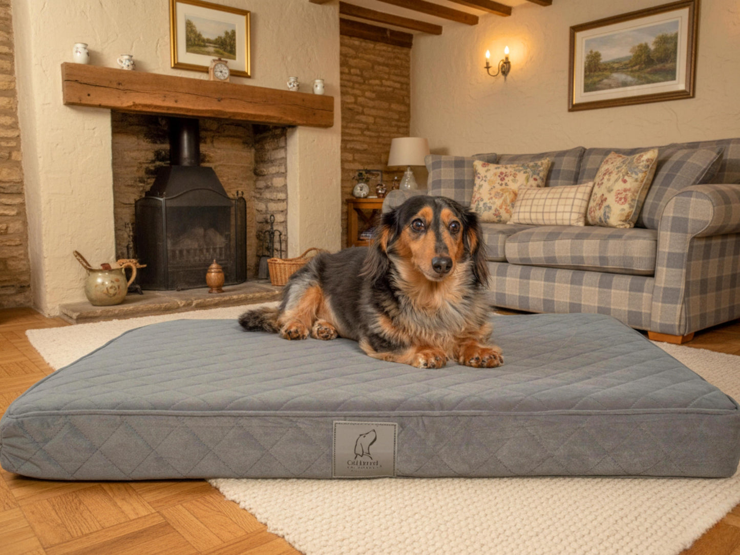 Dachshund lying on a grey quilted luxury dog mattress bed in front of a fireplace in a cosy living room