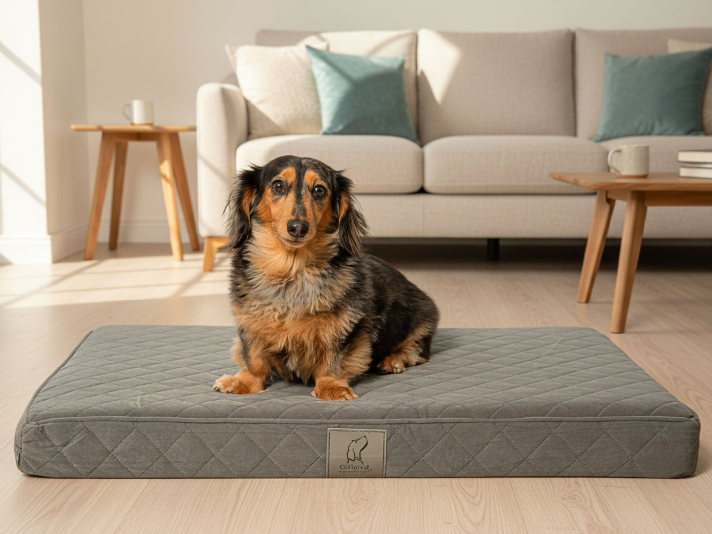 Dachshund sitting on a grey quilted luxury dog mattress bed in a modern living room