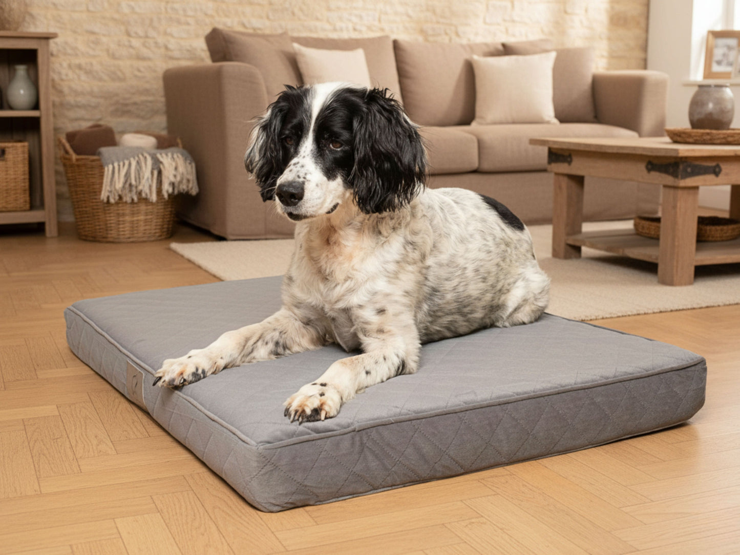 Black and white spaniel resting on a grey quilted luxury dog mattress bed in a cosy living room