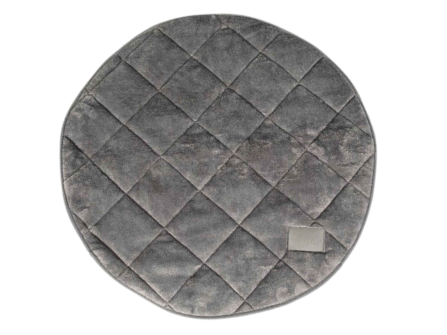 Top-down view of a luxury grey round quilted dog blanket mat made from soft faux fur