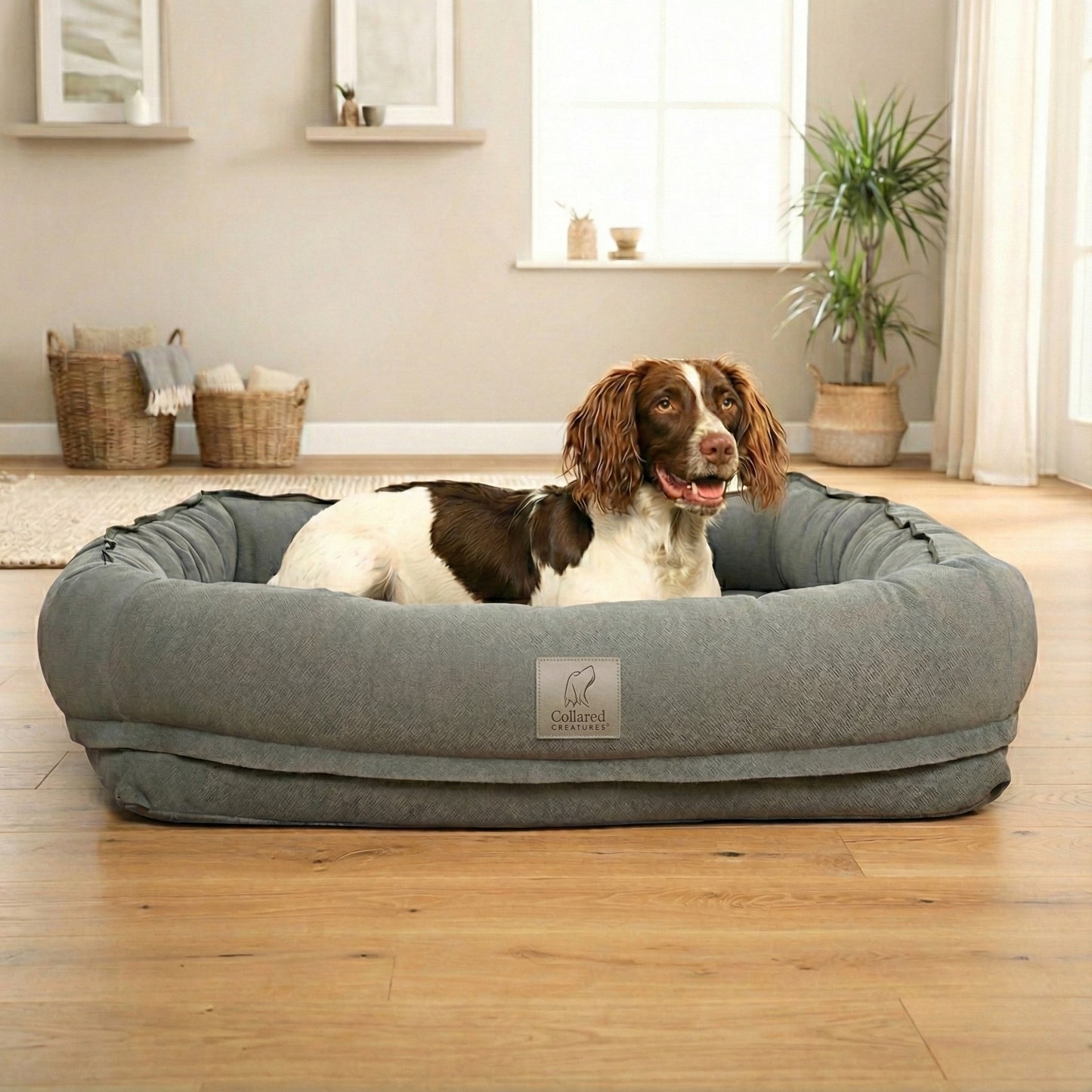 Dog lying on a gray dog bed in a room with light wood flooring and white walls.