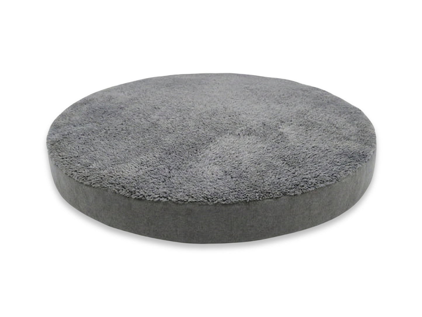 Round gray dog cushion on a white background