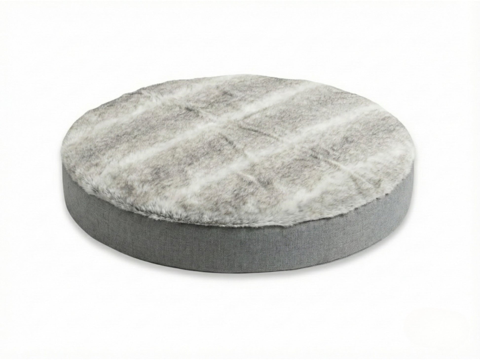 Round faux fur pattern dog cushion on a white background