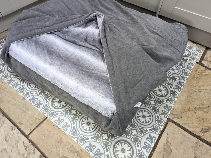 Grey Luxury Dog Snuggle Bed / Snuggle Sack faux fur inner material