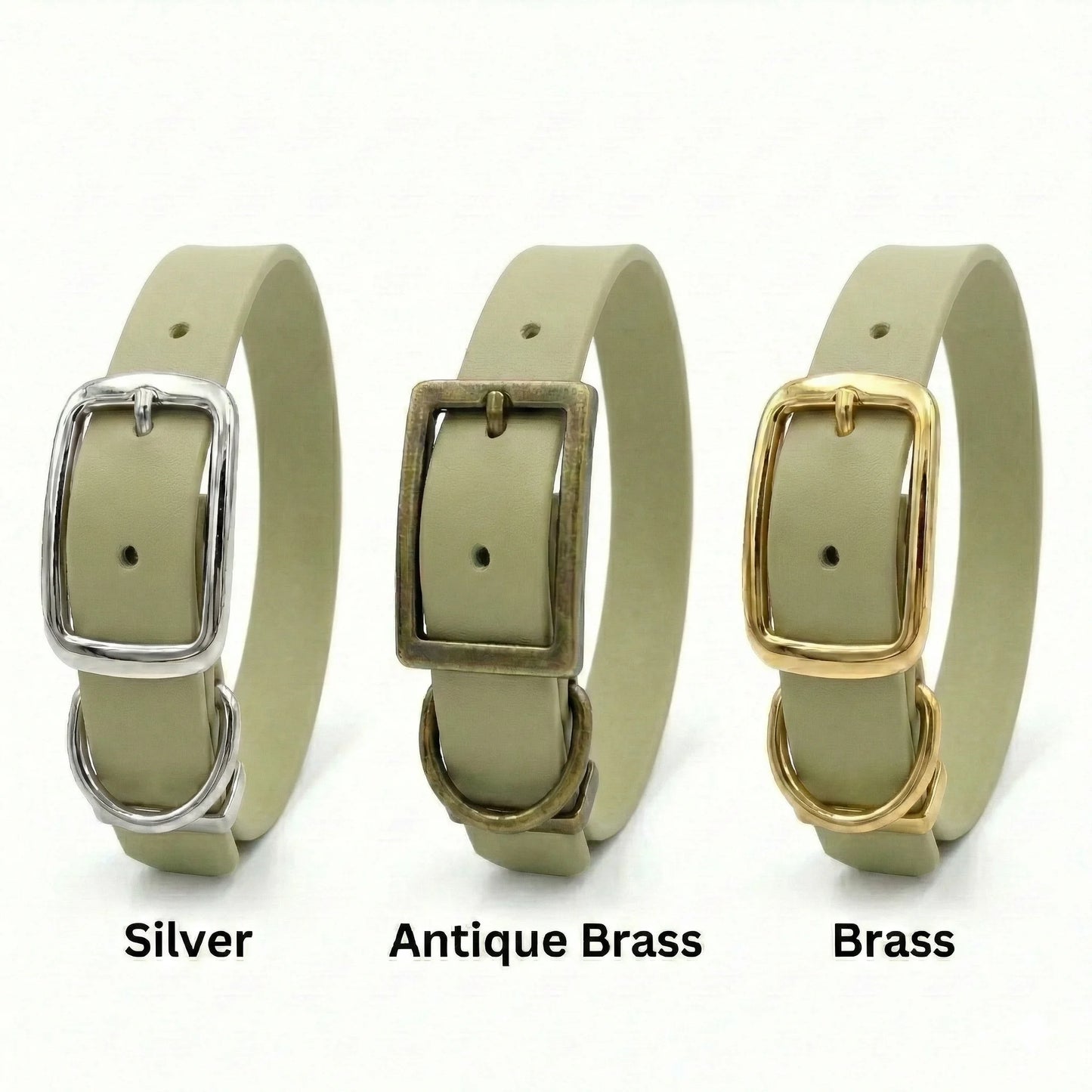 Three guacamole green biothane dog collars with silver, antique brass, and brass buckles on a white background.