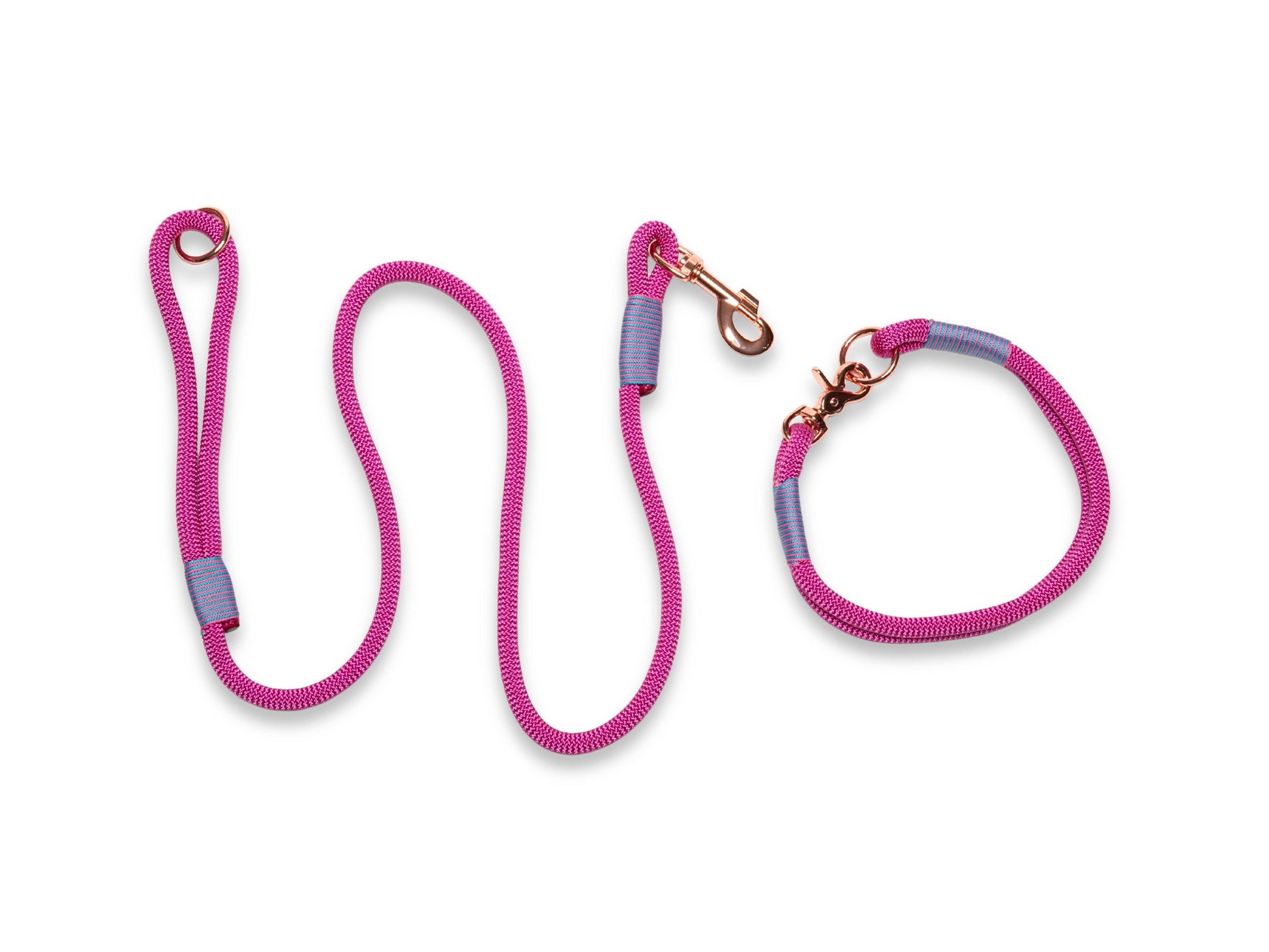 Pink dog leash and collar set on a white background