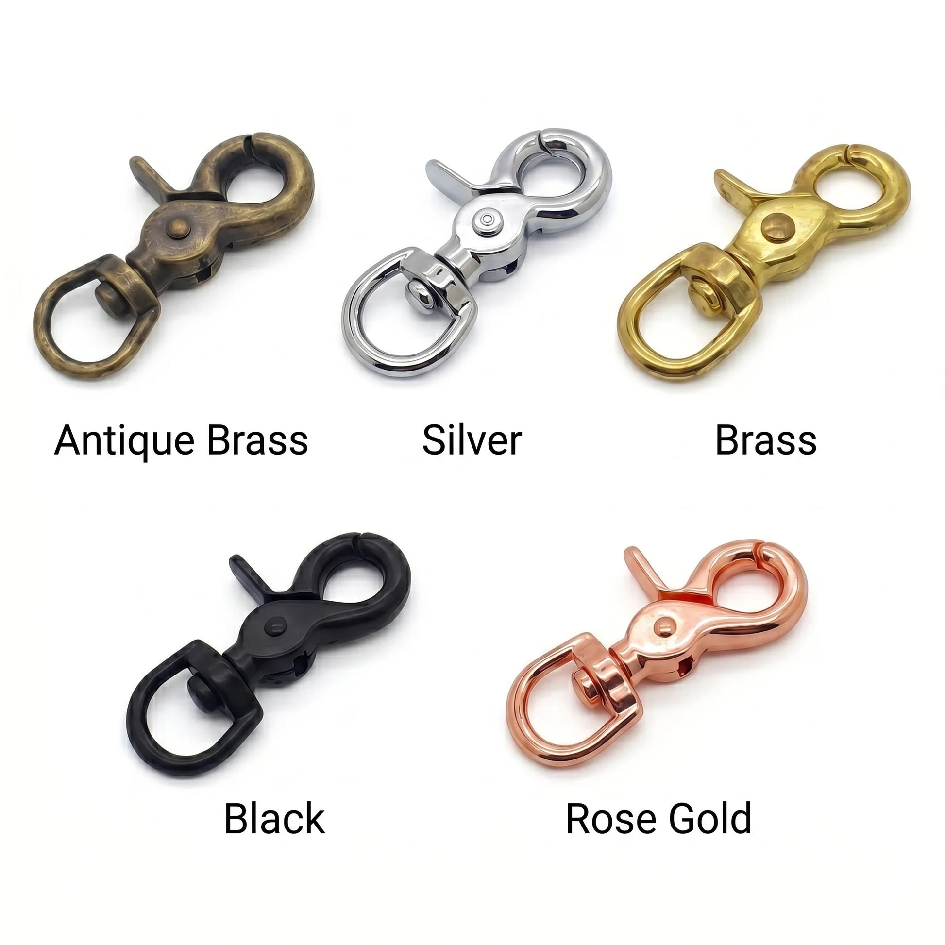 Set of five metal clasp options in different colours on a white background