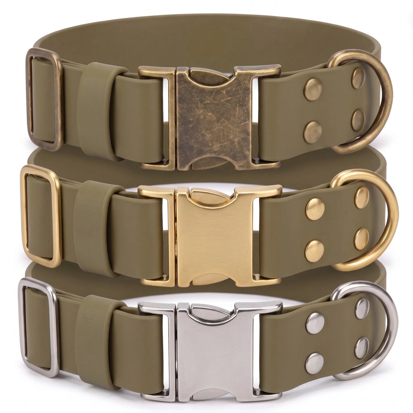 Three olive green dog collars stacked vertically, each with a different metal buckle and D-ring finish: antique bronze, gold, and silver, on a white background.