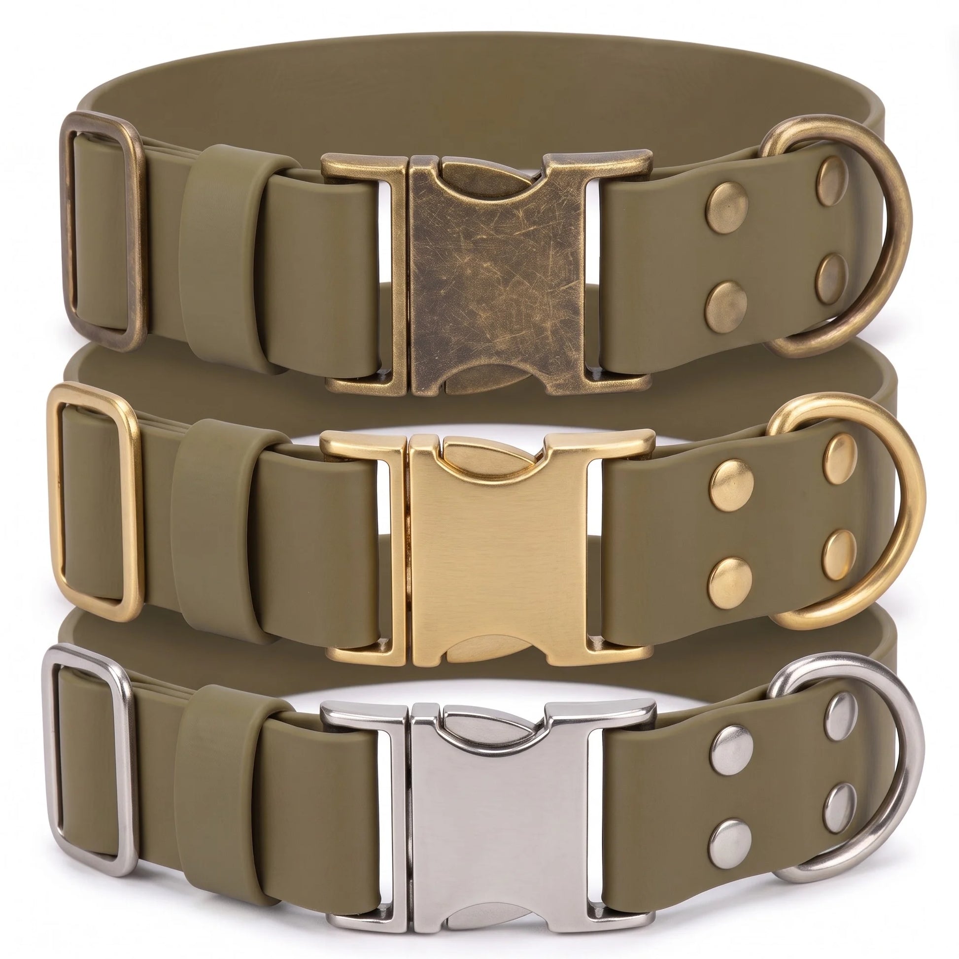 Three olive green dog collars stacked vertically, each with a different metal buckle and D-ring finish: antique bronze, gold, and silver, on a white background.