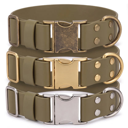 Three olive green dog collars stacked vertically, each with a different metal buckle and D-ring finish: antique bronze, gold, and silver, on a white background.