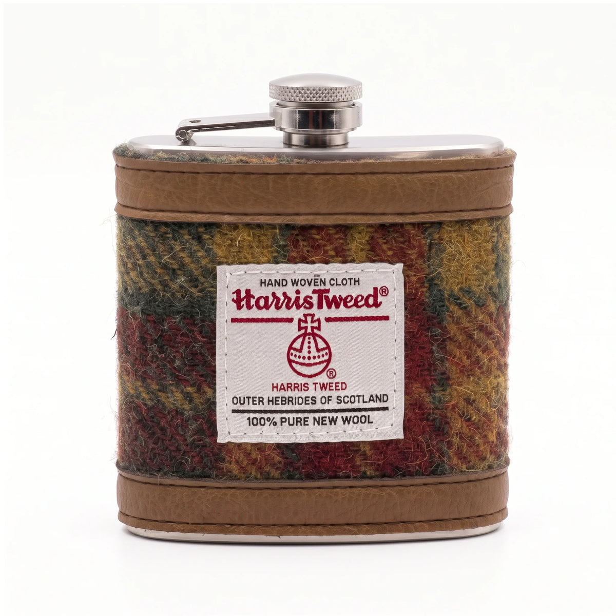Autumnal Check Harris Tweed hip flask with Orb label, 6oz stainless steel with tan faux leather trim, front view