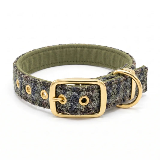 autumn houndstooth luxury harris tweed dog collar with meatal buckle on white background