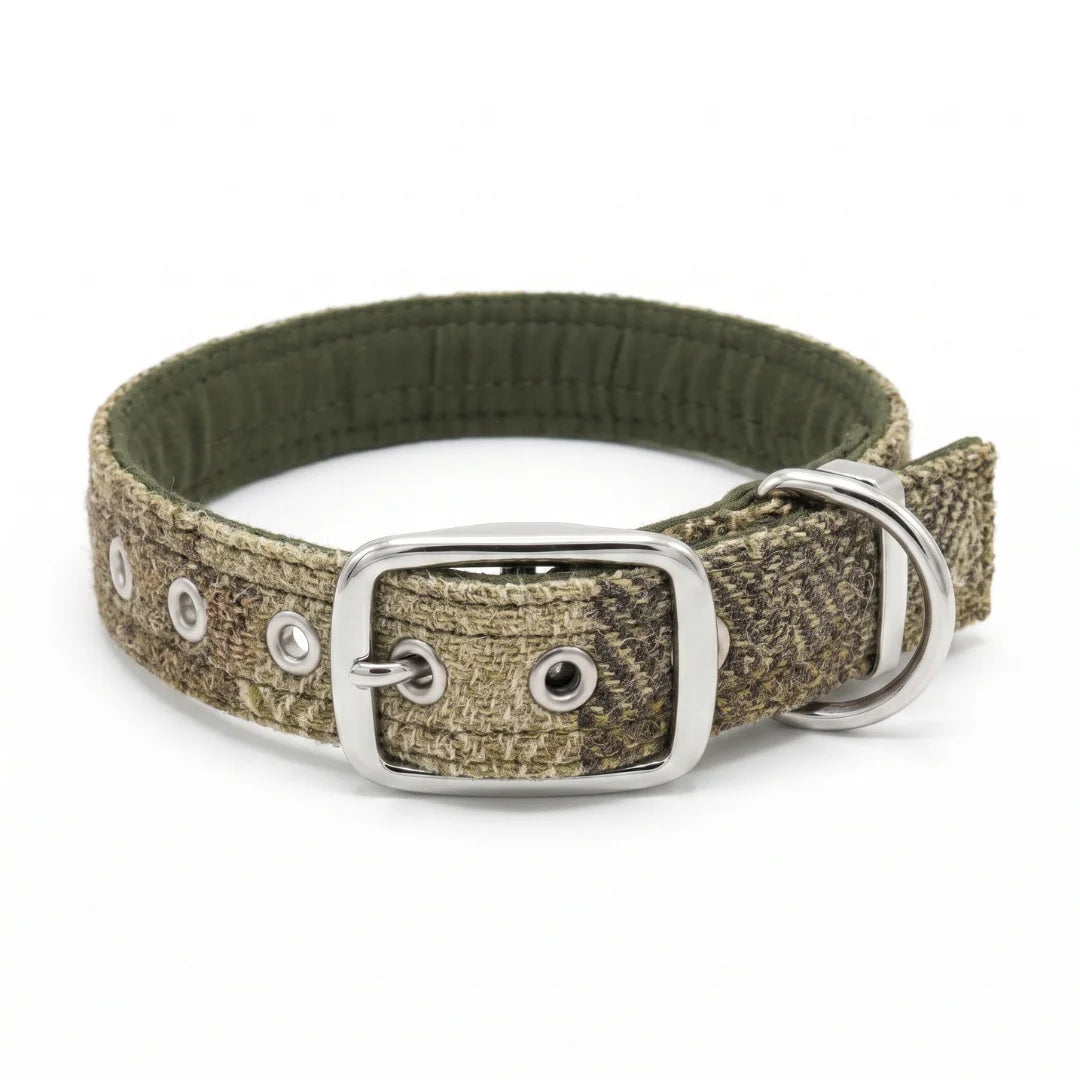 A dog collar with a harris tweed green block herringbone pattern, featuring a silver-tone metal buckle, D-ring, and eyelets, shown on a white background.
