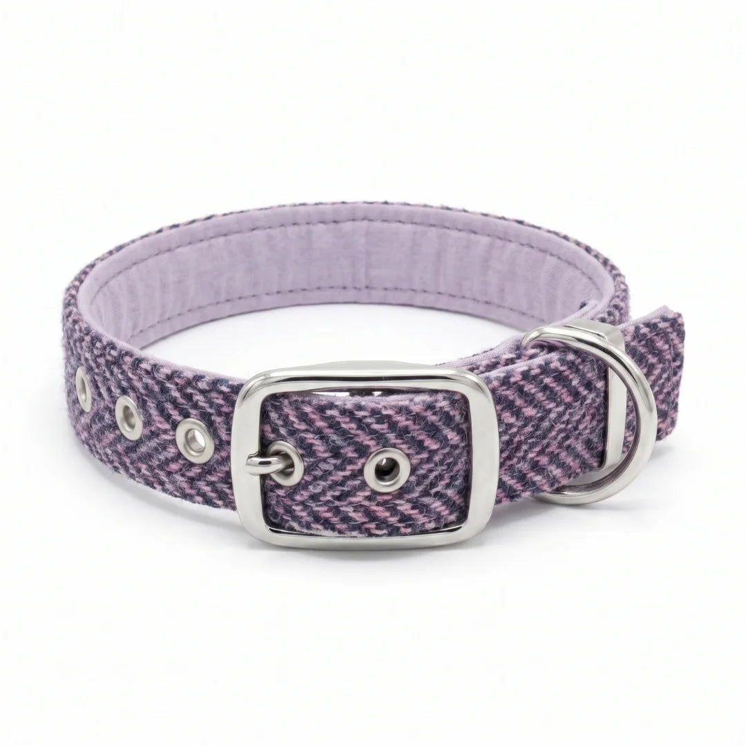 A harris tweed dog collar in a purple and pink houndstooth pattern with a silver metal buckle and D-ring, shown on a white background.