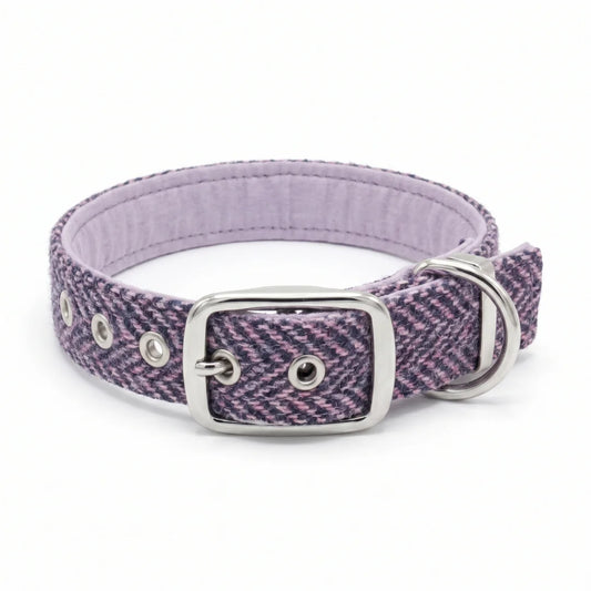 A harris tweed dog collar in a purple and pink houndstooth pattern with a silver metal buckle and D-ring, shown on a white background.