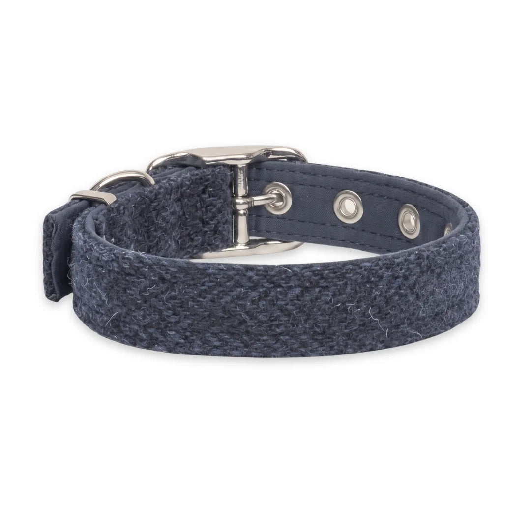 A navy blue woven fabric dog collar with a silver-tone metal buckle, D-ring, and adjustment snaps, shown on a plain white background.