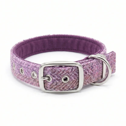 A purple and pink textured harris tweed dog collar with a silver buckle and metal hardware, shown on a plain white background.